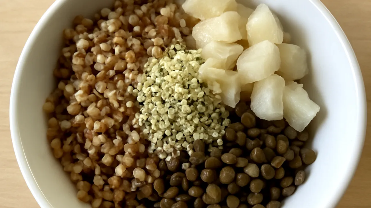 Buchweizen-Linsen-Bowl mit Hanfsamen und fermentierten Rüben"