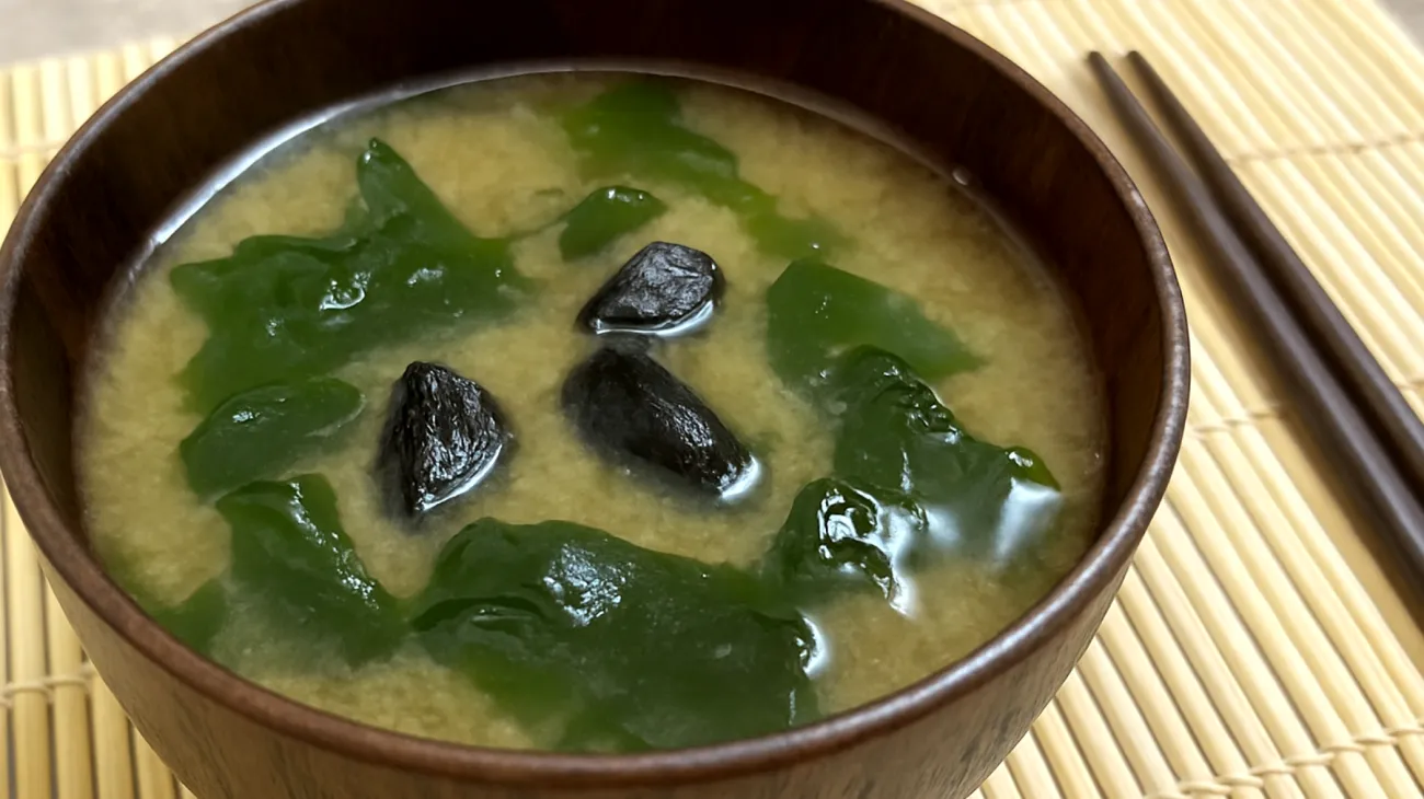 Miso-Suppe mit Wakame-Algen und fermentiertem schwarzen Knoblauch"